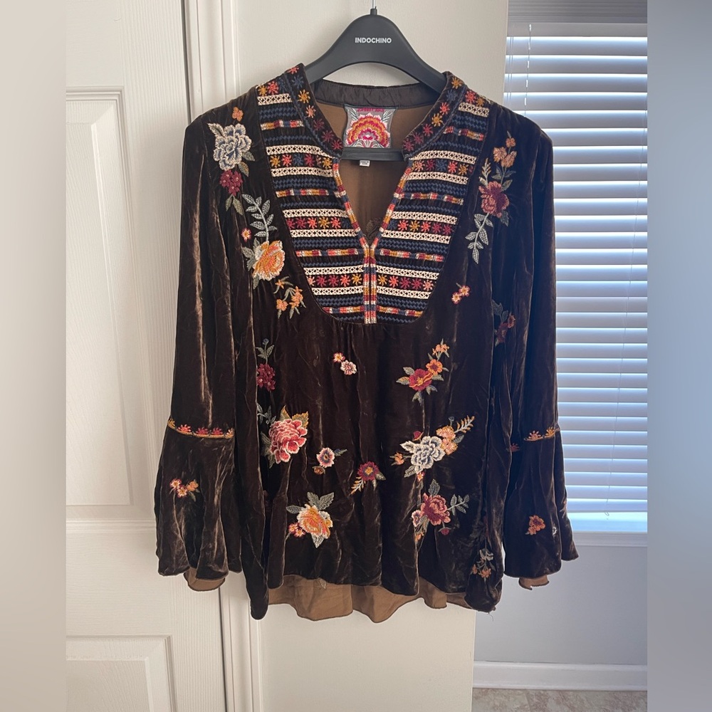 Johnny Was Velvet Embroidered Blouse, sz S